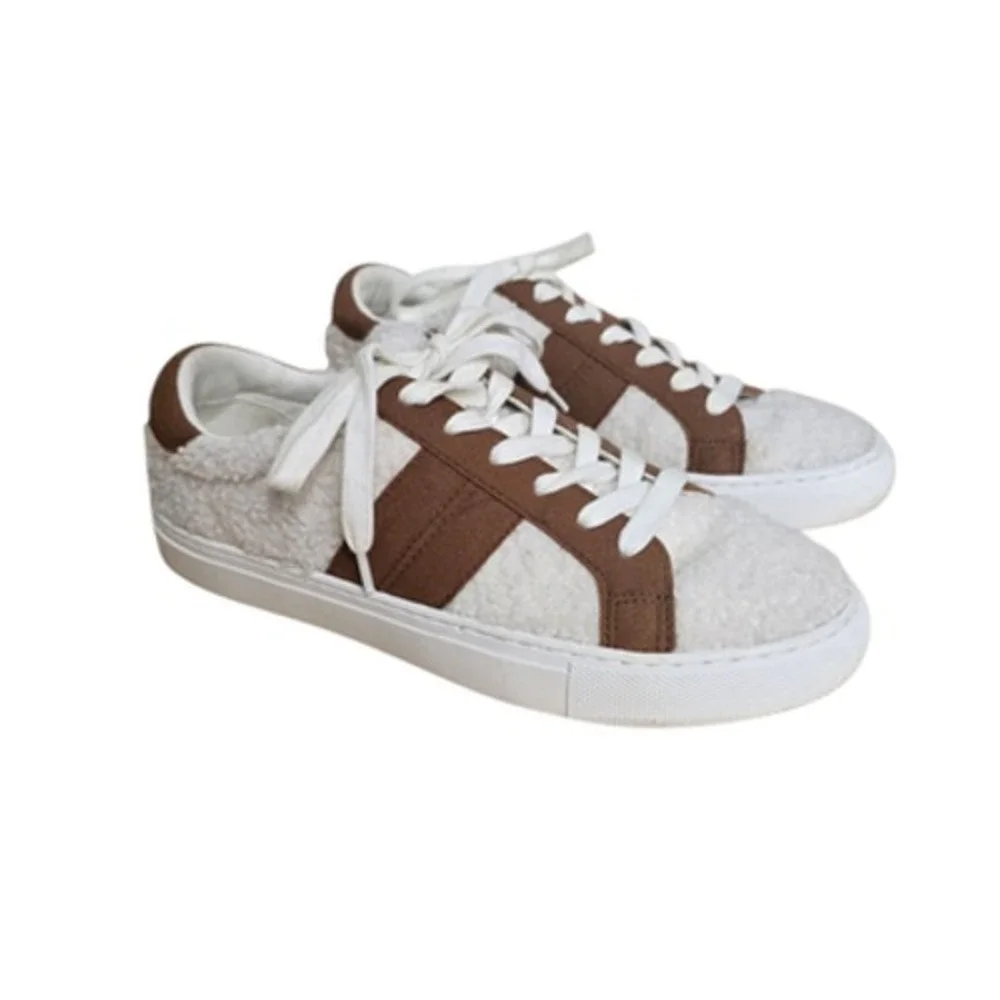 J.Crew Shoes Womens Size 7.5 White Brown Sherpa Faux Fur Low Top Lace‎ Up BJ272